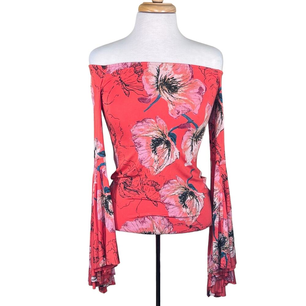 We the Free Off the Shoulder Floral Dramtic Wide Bell Sleeves Boho Knit Top XS-S